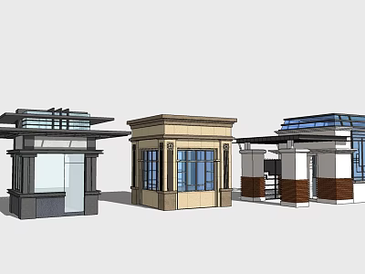 Three Small Architectural Structures With Diverse Roof Designs And Exterior Materials 3d model