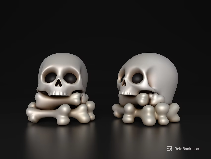 Silver Shiny Skull Decorative Models With Crossed Bones On Black Background 3d model 