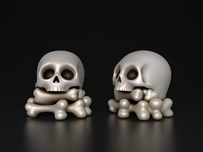 Silver Shiny Skull Decorative Models With Crossed Bones On Black Background 3d model
