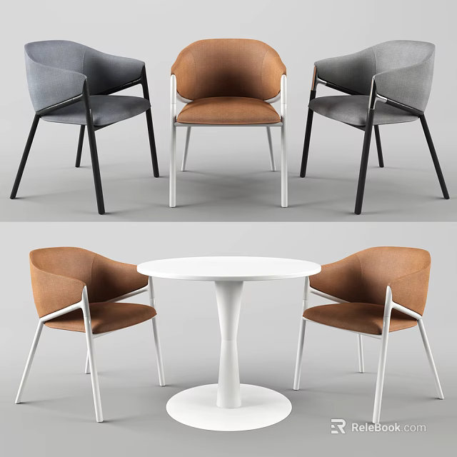 Modern Dining Table And Chairs Set With Round White Top And Colored Upholstered Seats 3d model 