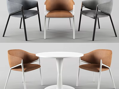 Modern Dining Table And Chairs Set With Round White Top And Colored Upholstered Seats 3d model