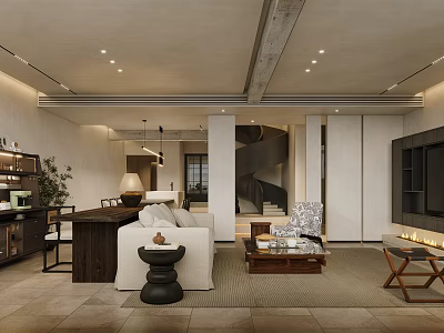 Modern Open Living and Dining Room With Sofa Coffee Table Fireplace Spiral Staircase And Plants 3d model