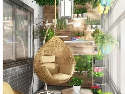 Elegant Villa Balcony With Rattan Hanging Chair Green Plant Wall Wooden Shelf And Hanging Lamp 3d model