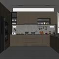 Modern Dark Brown Kitchen Interior With Gray Countertops Stainless Steel Refrigerator And Window 3d model
