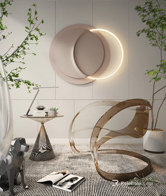 Transparent Acrylic Leisure Chair In Modern Curved Design With Circular Wall Art And Potted Plants 3d model 