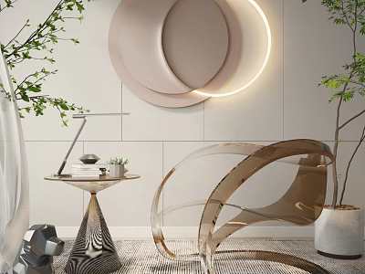 Transparent Acrylic Leisure Chair In Modern Curved Design With Circular Wall Art And Potted Plants 3d model