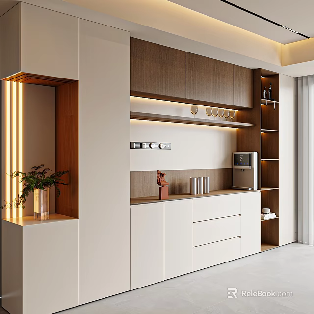 Modern Sideboard Design With Wooden White Finish Lighting Shelves And Decorative Items 3d model 