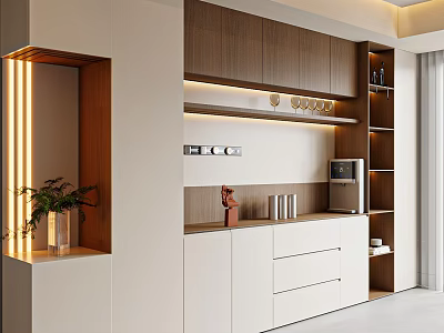 Modern Sideboard Design With Wooden White Finish Lighting Shelves And Decorative Items 3d model