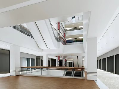 Spacious Modern Shopping Mall Lobby With Multi Level Staircase And Glass Railings 3d model