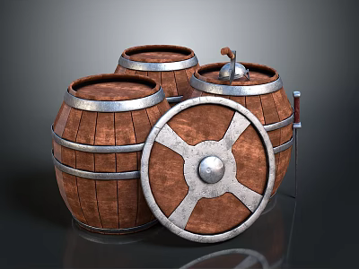 Medieval Wooden Shield With Metal Accents And Barrels In Background 3d model