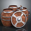 Medieval Wooden Shield With Metal Accents And Barrels In Background