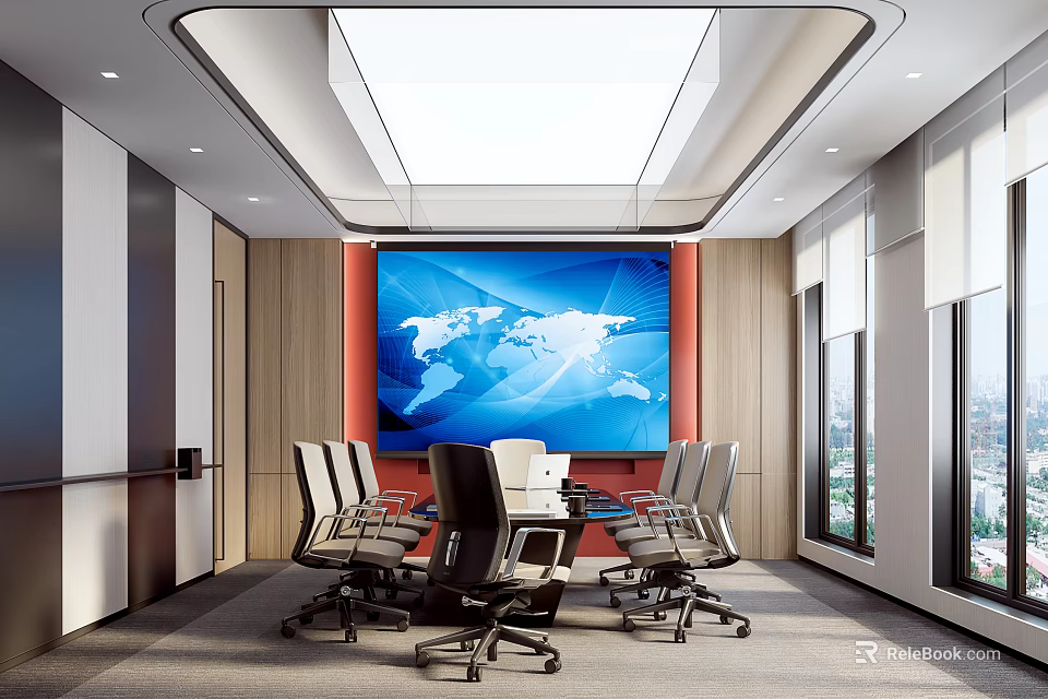 Modern Conference Room Interior With Large World Map Screen And Wooden Table With Ergonomic Chairs 3d model 