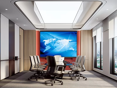 Modern Conference Room Interior With Large World Map Screen And Wooden Table With Ergonomic Chairs 3d model