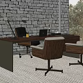 Modern Wooden Desk And Chairs Set In Home Office With Brick Wall Lamp And Laptop