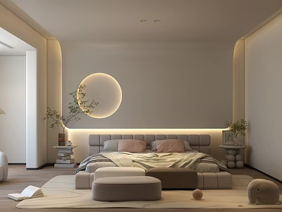 Modern Minimalist Bedroom Interior With Round Light Upholstered Headboard Nightstands Plants And Ottomans 3d model