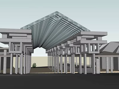 Modern Outdoor Pergola With Geometric Sloped Glass Roof And Stone Columns 3d model