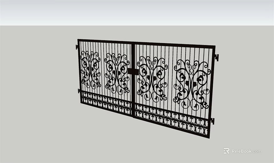 Wrought Iron Double Door Gate With Ornate Scroll Patterns And Decorative Details 3d model 