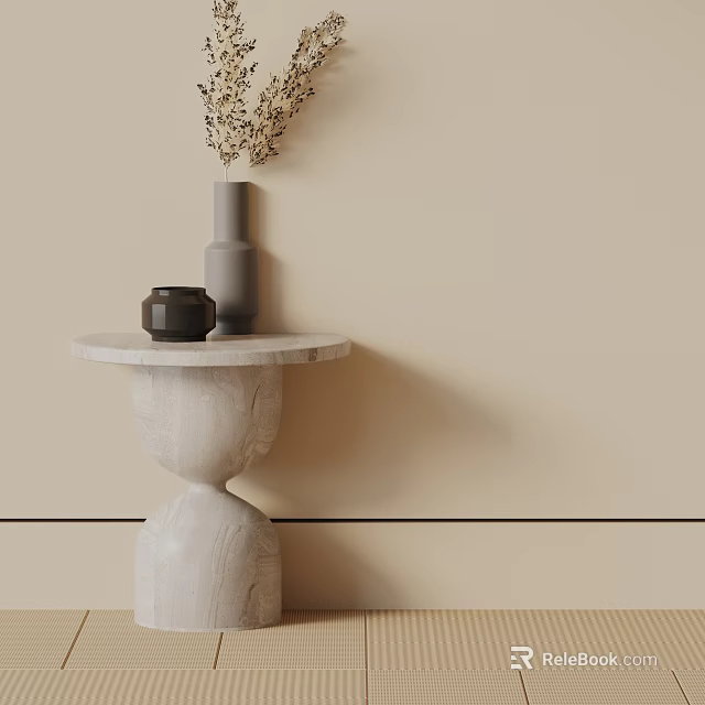 Unique White Side Table with Round Top Gray Vase and Black Jar Against Beige Wall 3d model 