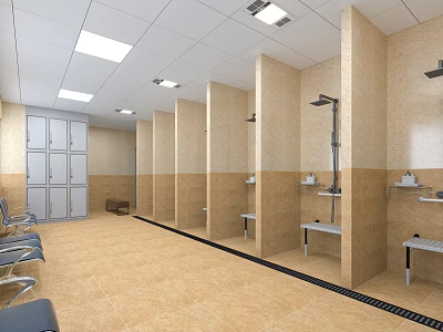 SPA Sauna Room With Beige Tiled Walls Private Cubicles Shower Heads Lockers And White Ceiling 3d model