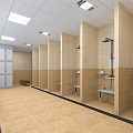 SPA Sauna Room With Beige Tiled Walls Private Cubicles Shower Heads Lockers And White Ceiling