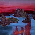Cartoon Scene With Vibrant Blue Water Rocky Islands And Pink Sky Clouds