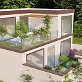 Modern Detached Villa Exterior With Yellow Front Door Steps And Balcony Glass Railing Greenery Lawn