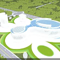 Modern Stadium Building Featuring Unique Curved Roof Solar Panels And Green Surroundings