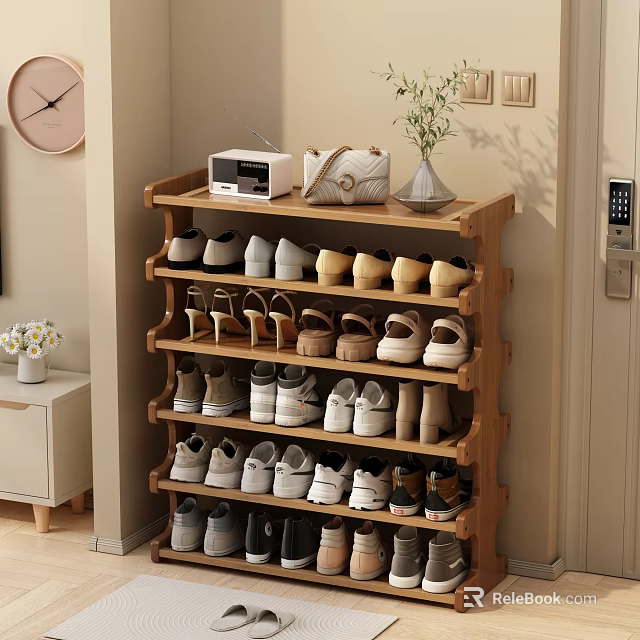 Wooden Multi Tiered Shoe Cabinet With Storage Shelves For Various Shoes Handbag And Plant 3d model 
