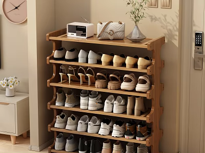 Wooden Multi Tiered Shoe Cabinet With Storage Shelves For Various Shoes Handbag And Plant 3d model