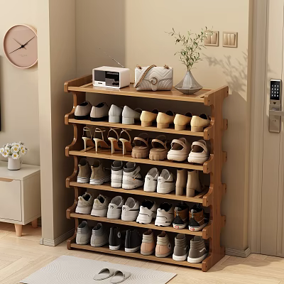 Wooden Multi Tiered Shoe Cabinet With Storage Shelves For Various Shoes Handbag And Plant 3d model