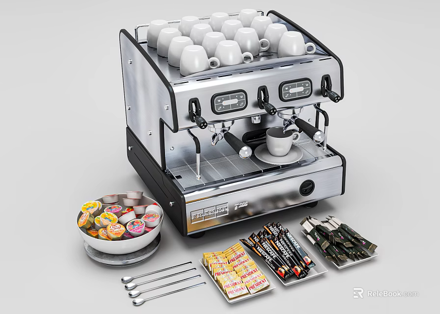 Stainless Steel Coffee Machine With White Cups Colorful Capsules And Tools 3d model 