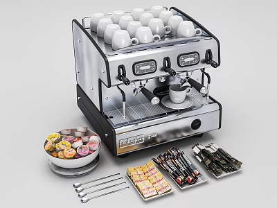 Stainless Steel Coffee Machine With White Cups Colorful Capsules And Tools 3d model