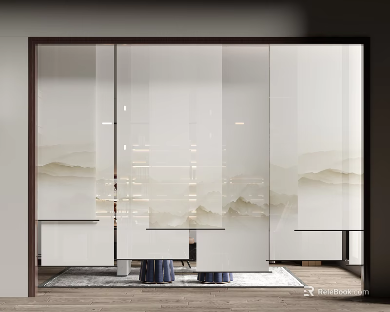 Modern Translucent Curtains With Mountain Pattern In Living Room Interior Decor 3d model