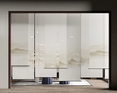 Modern Translucent Curtains With Mountain Pattern In Living Room Interior Decor 3d model