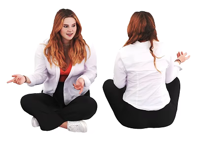 Woman Sitting On Floor Gesturing With White Coat Red Top Black Pants And Long Hair 3d model