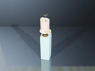Pink Cake with Flower Decorations and Small Topper on Blue White Striped Pillar 3d model