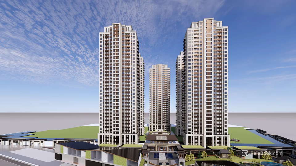 Modern High Rise Residential Buildings With Glass Curtain Walls And Green Surroundings 3d model 