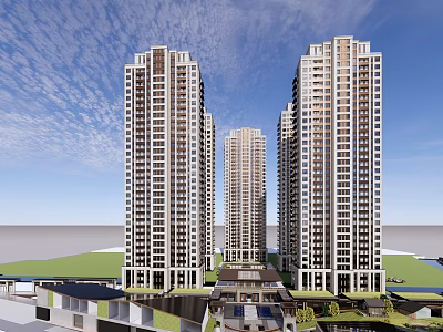 Modern High Rise Residential Buildings With Glass Curtain Walls And Green Surroundings 3d model