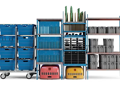 Stacked Red Yellow Blue Plastic Storage Boxes On Wheeled Cart And Shelves 3d model