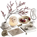 Elegant Decorative Ornament Set With Berry Branch Lamp Apple Tray And Silver Ring