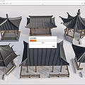 Chinese Traditional Pavilion Models With Various Roof Styles And Wooden Structures
