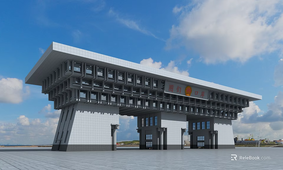 White Building Exterior Wall Symmetrical Design Red Emblem On Top Against Blue Sky Spacious Square 3d model 