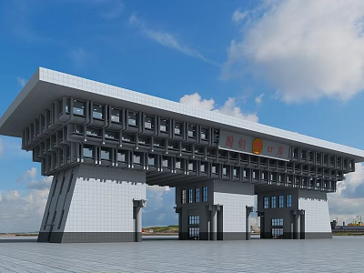 White Building Exterior Wall Symmetrical Design Red Emblem On Top Against Blue Sky Spacious Square 3d model