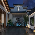 Traditional Chinese Garden Landscape With Wooden Structure Glass Windows And Green Plants In Dining Area