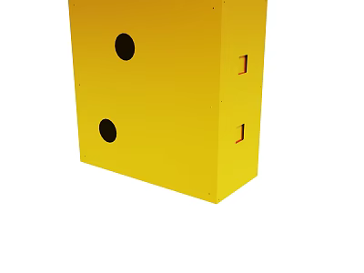 Yellow Cube With Two Black Circular Holes And Red Rectangular Openings 3d model