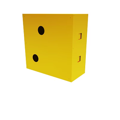 Yellow Cube With Two Black Circular Holes And Red Rectangular Openings 3d model