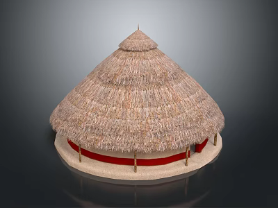 Traditional Round Wooden House With Thatched Roof Red Decoration And Pillars 3d model