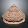 Traditional Round Wooden House With Thatched Roof Red Decoration And Pillars