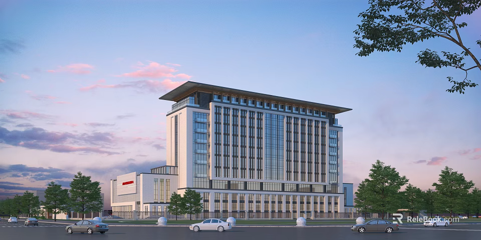 White Modern Office Building Exterior With Glass Curtain Walls Trees And Sunset Sky 3d model 