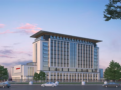 White Modern Office Building Exterior With Glass Curtain Walls Trees And Sunset Sky 3d model